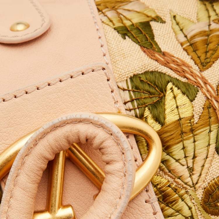 Pre Owned Valentino Beige Leather and Raffia Embroidered Catch Satchel