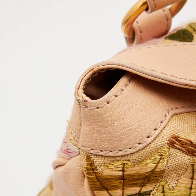 Pre Owned Valentino Beige Leather and Raffia Embroidered Catch Satchel