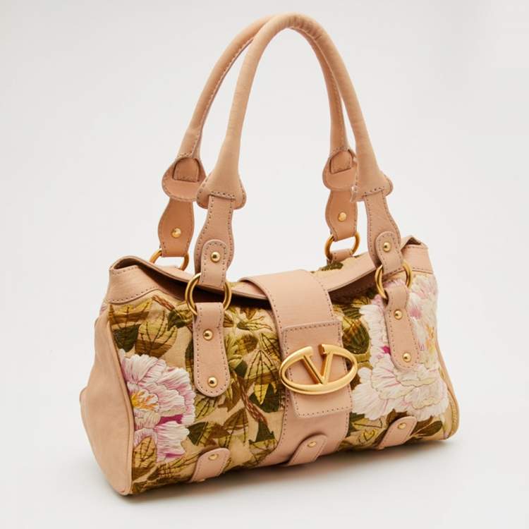 Pre Owned Valentino Beige Leather and Raffia Embroidered Catch Satchel