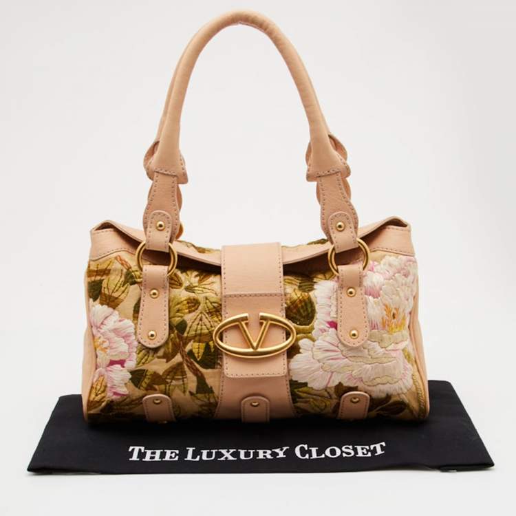 Pre Owned Valentino Beige Leather and Raffia Embroidered Catch Satchel