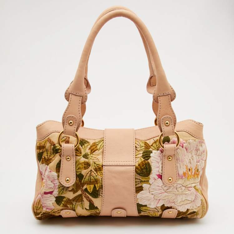 Pre Owned Valentino Beige Leather and Raffia Embroidered Catch Satchel