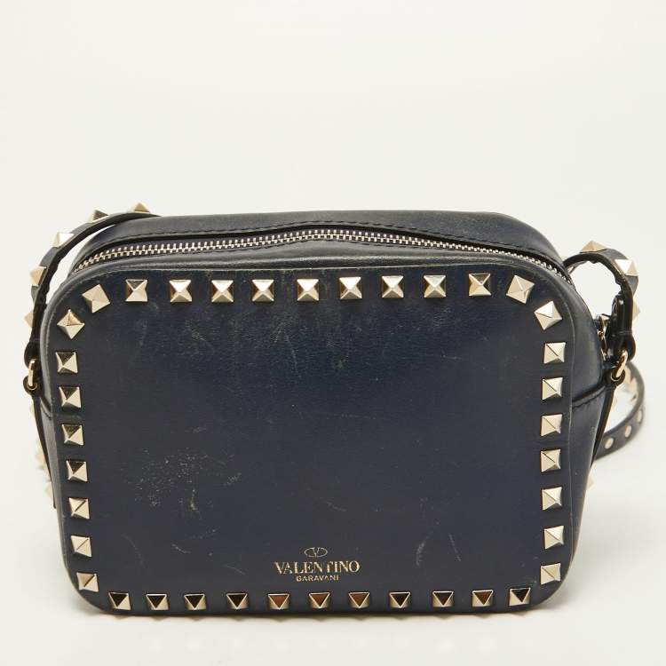 Pre Owned Valentino Navy Blue Leather Rockstud Camera Crossbody Bag