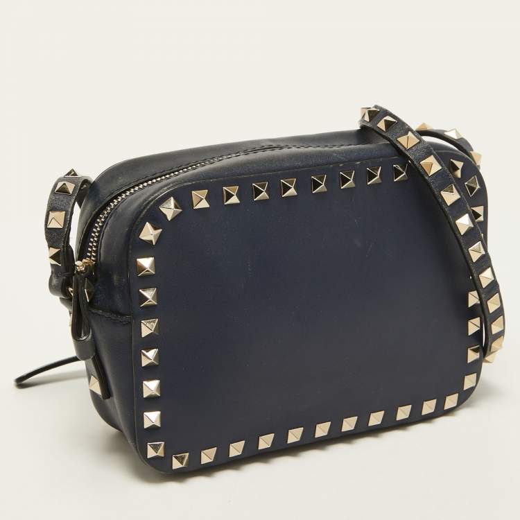 Pre Owned Valentino Navy Blue Leather Rockstud Camera Crossbody Bag