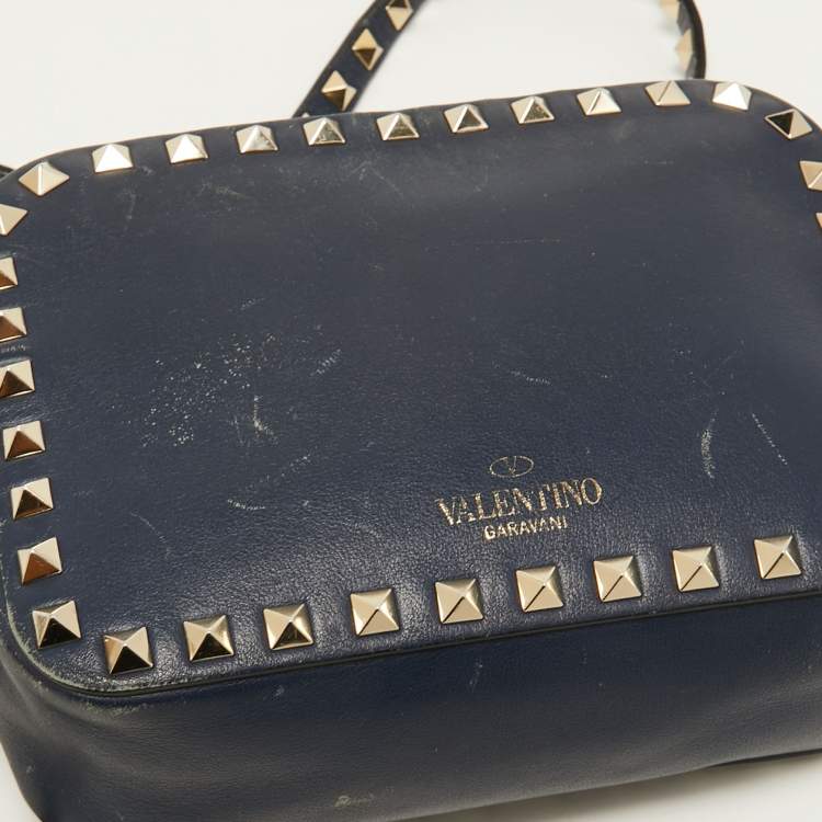Pre Owned Valentino Navy Blue Leather Rockstud Camera Crossbody Bag