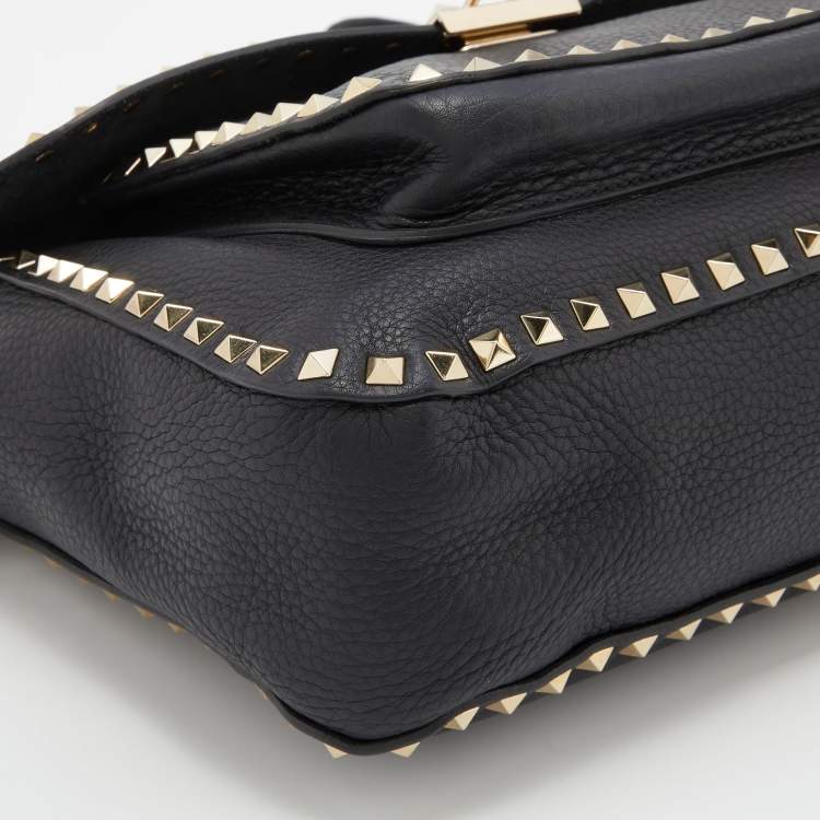 Pre Owned Valentino Black Leather Rockstud Flip Lock Front Pocket Flap Messenger Bag 