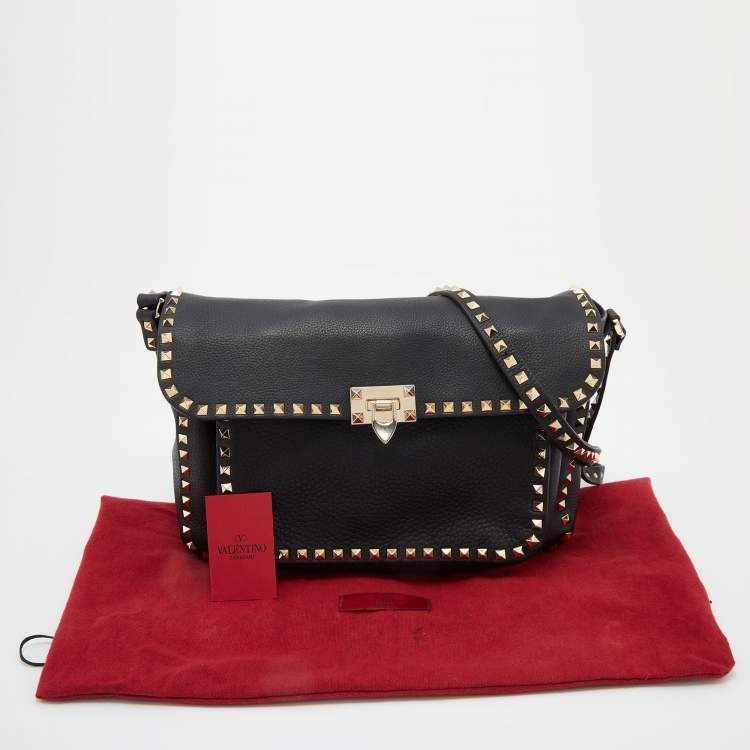 Pre Owned Valentino Black Leather Rockstud Flip Lock Front Pocket Flap Messenger Bag 