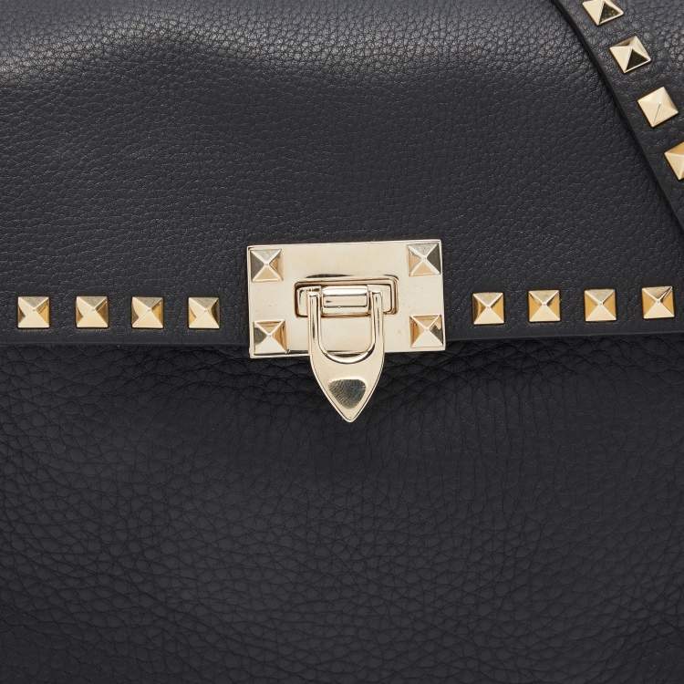 Pre Owned Valentino Black Leather Rockstud Flip Lock Front Pocket Flap Messenger Bag 