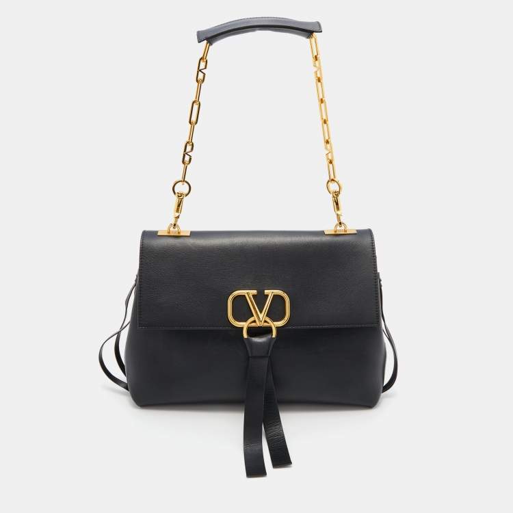 Pre Owned Valentino Black Leather Medium VRING Chain Shoulder Bag