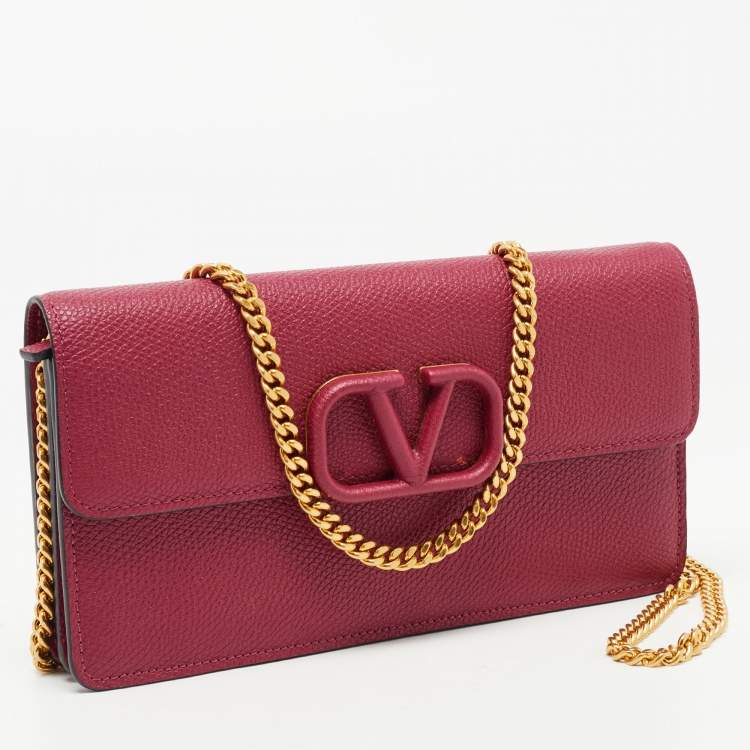 Pre Owned Valentino Red Leather VLogo Chain Wallet