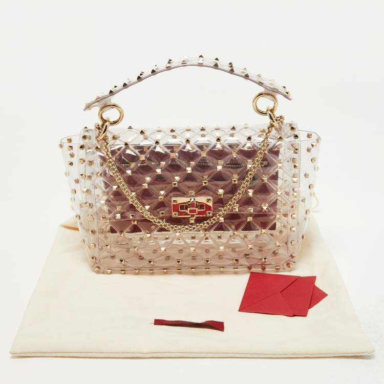 Pre Owned Valentino Clear/Red PVC Rockstud Spike Top Handle Bag