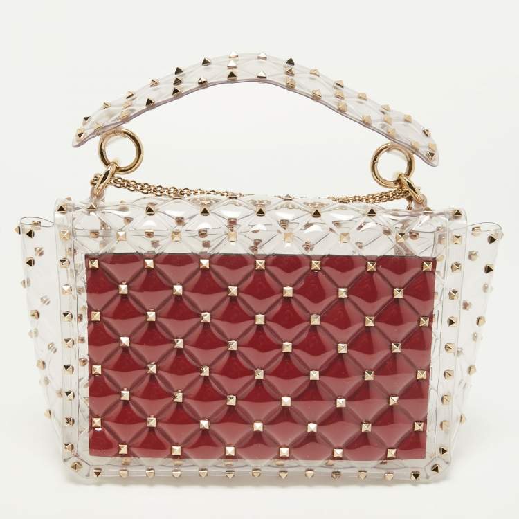 Pre Owned Valentino Clear/Red PVC Rockstud Spike Top Handle Bag