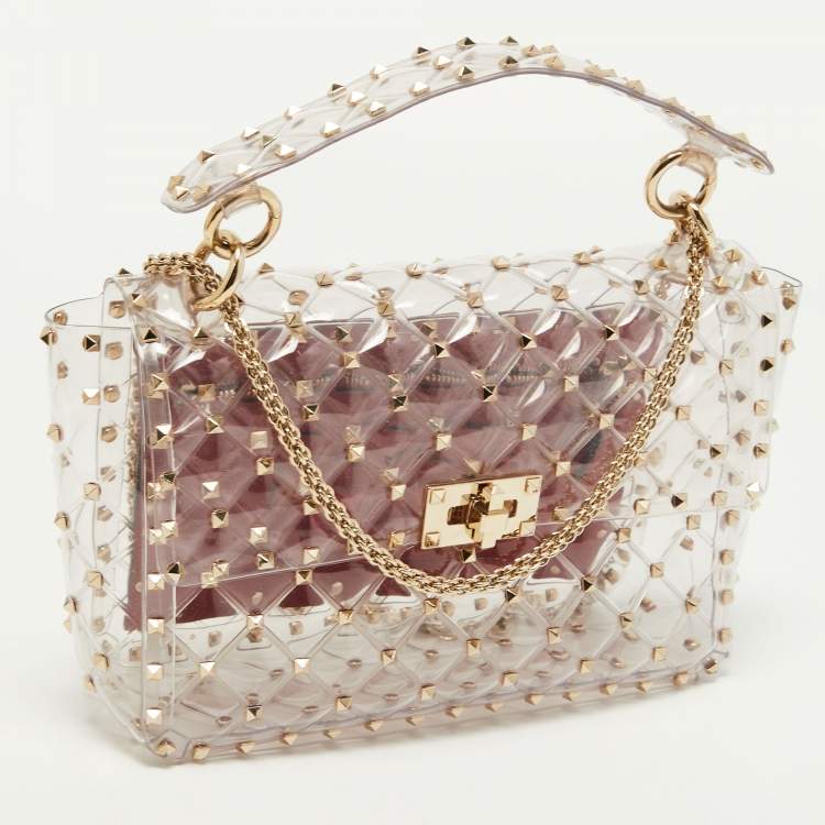 Pre Owned Valentino Clear/Red PVC Rockstud Spike Top Handle Bag
