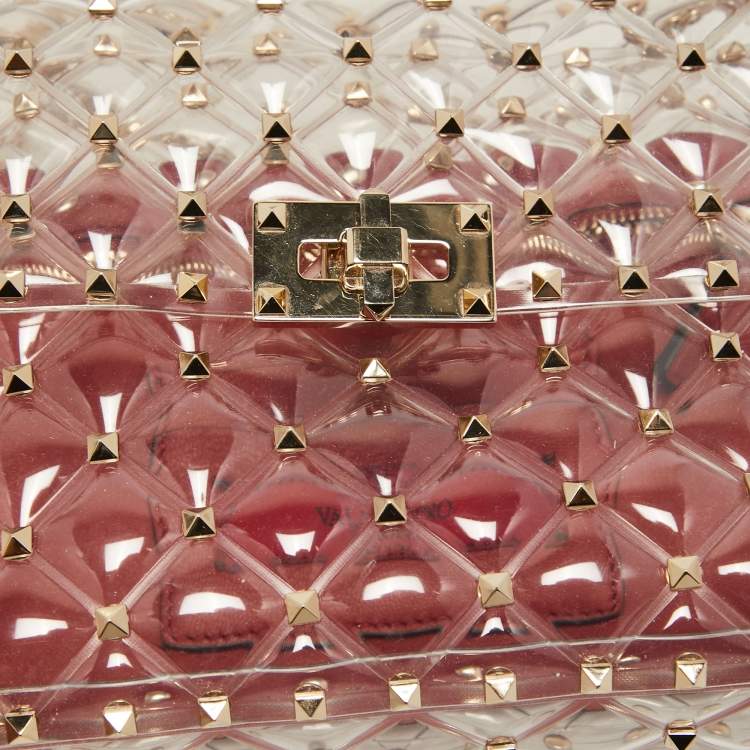 Pre Owned Valentino Clear/Red PVC Rockstud Spike Top Handle Bag