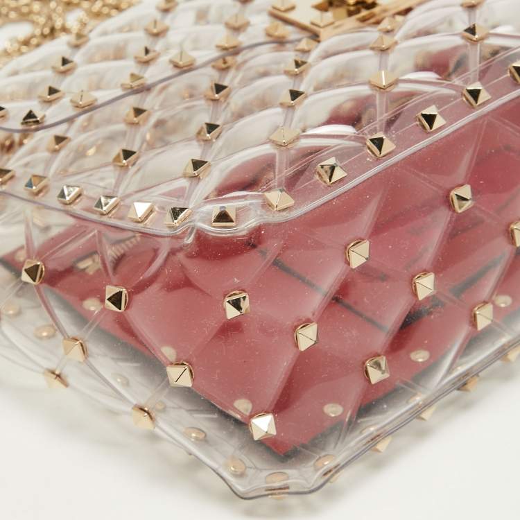 Pre Owned Valentino Clear/Red PVC Rockstud Spike Top Handle Bag