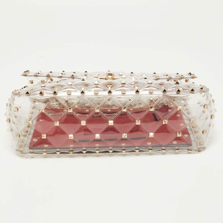 Pre Owned Valentino Clear/Red PVC Rockstud Spike Top Handle Bag