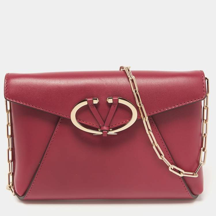 Pre Owned Valentino Dark Pink Leather V Rivet Clutch Bag
