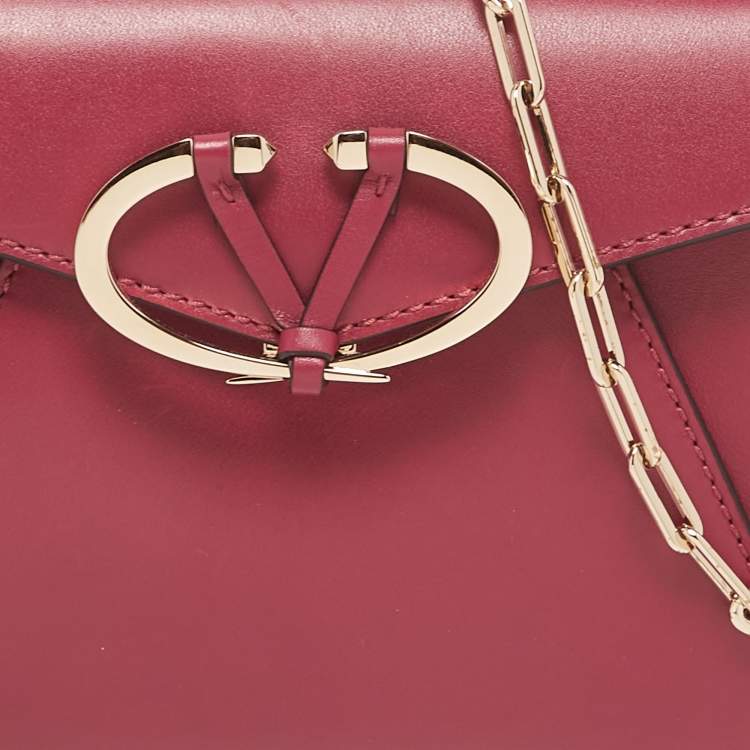 Pre Owned Valentino Dark Pink Leather V Rivet Clutch Bag