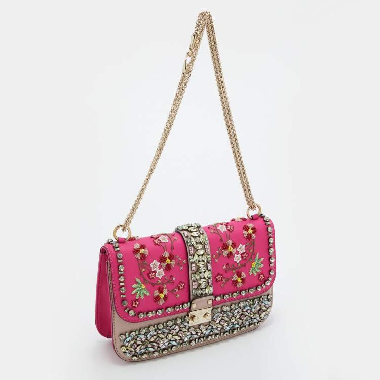 Pre Owned Valentino Pink/Beige Leather Medium Embellished Rockstud Glam Lock Flap Bag