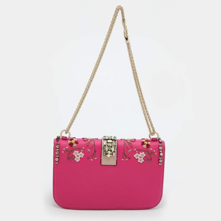 Pre Owned Valentino Pink/Beige Leather Medium Embellished Rockstud Glam Lock Flap Bag