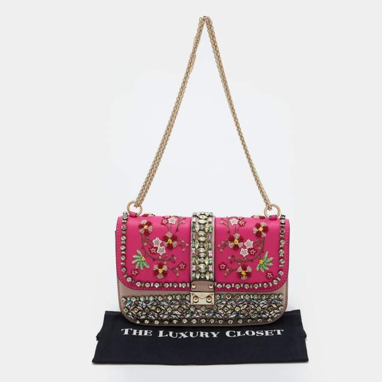 Pre Owned Valentino Pink/Beige Leather Medium Embellished Rockstud Glam Lock Flap Bag