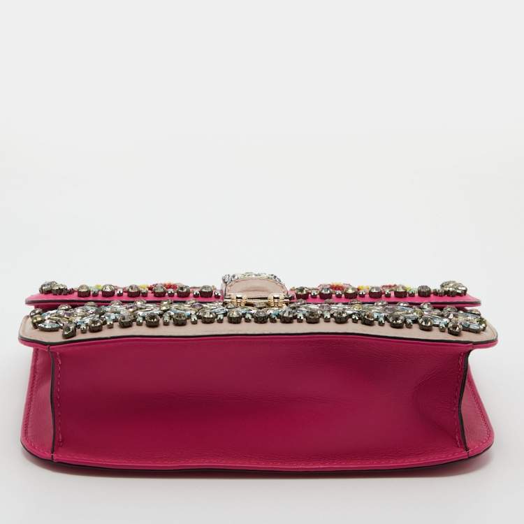 Pre Owned Valentino Pink/Beige Leather Medium Embellished Rockstud Glam Lock Flap Bag