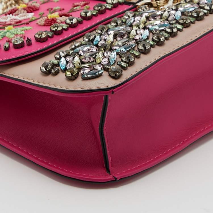 Pre Owned Valentino Pink/Beige Leather Medium Embellished Rockstud Glam Lock Flap Bag