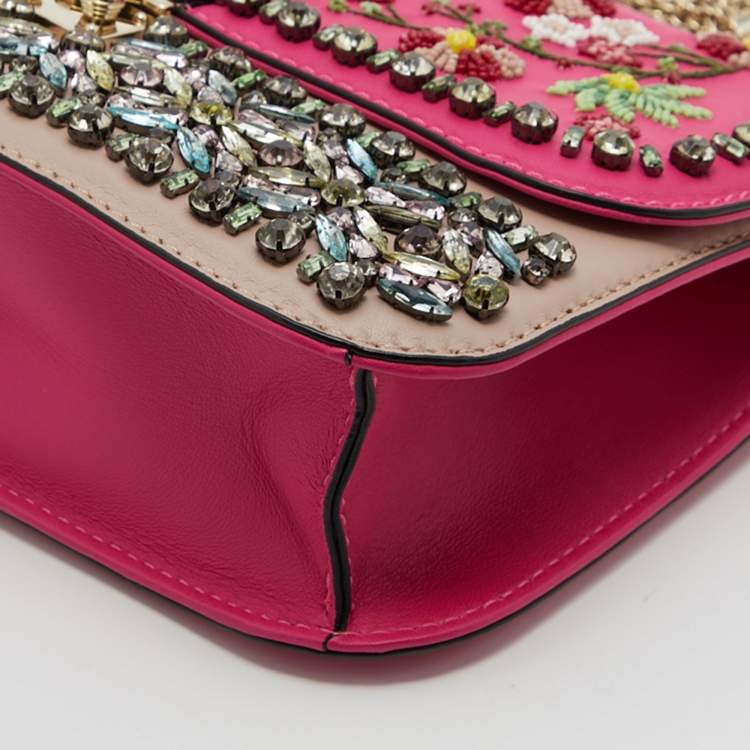 Pre Owned Valentino Pink/Beige Leather Medium Embellished Rockstud Glam Lock Flap Bag