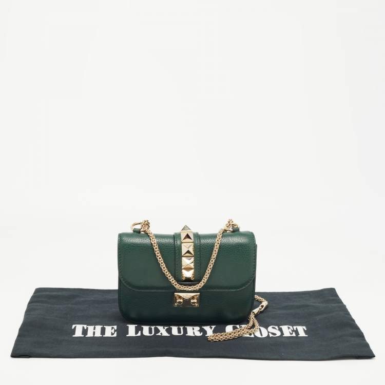 Pre Owned Valentino Green Leather Small Rockstud Glam Lock Flap Bag
