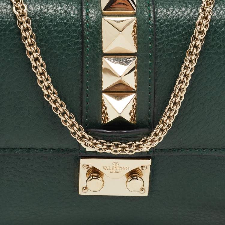 Pre Owned Valentino Green Leather Small Rockstud Glam Lock Flap Bag