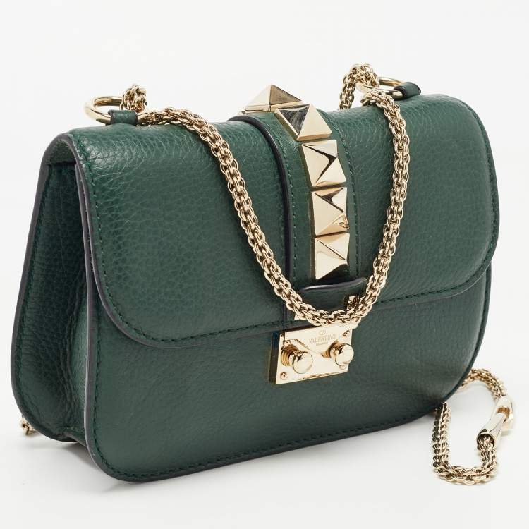 Pre Owned Valentino Green Leather Small Rockstud Glam Lock Flap Bag