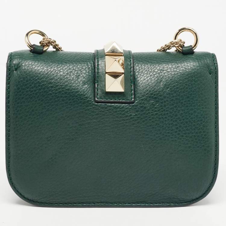 Pre Owned Valentino Green Leather Small Rockstud Glam Lock Flap Bag