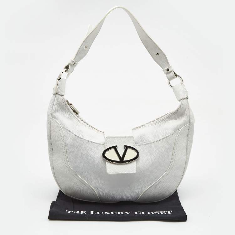 Pre Owned Valentino White Leather VLogo Flap Hobo