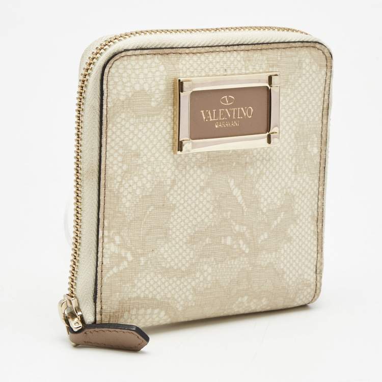 Pre Owned Valentino Cream Lace Print Leather Logo Compact Wallet