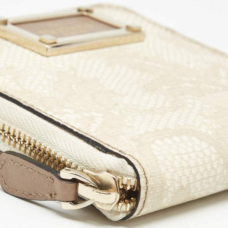 Pre Owned Valentino Cream Lace Print Leather Logo Compact Wallet