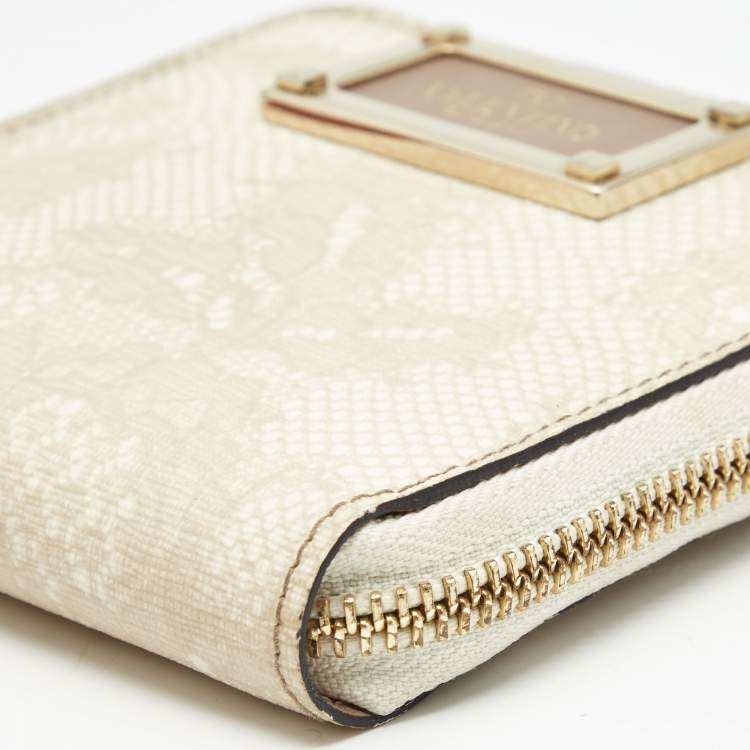 Pre Owned Valentino Cream Lace Print Leather Logo Compact Wallet