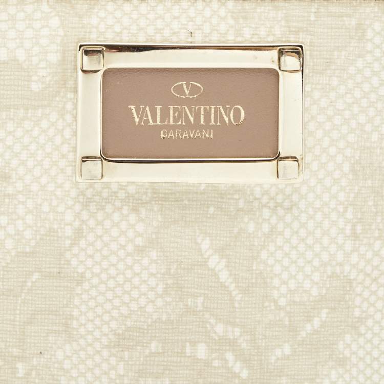 Pre Owned Valentino Cream Lace Print Leather Logo Compact Wallet