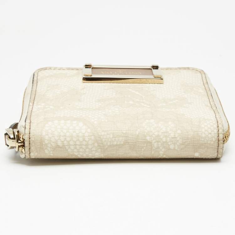Pre Owned Valentino Cream Lace Print Leather Logo Compact Wallet
