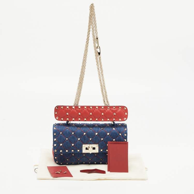 Pre Owned Valentino Blue/Red Quilted Denim and Leather Small Rockstud Spike Chain Shoulder Bag