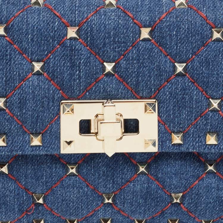 Pre Owned Valentino Blue/Red Quilted Denim and Leather Small Rockstud Spike Chain Shoulder Bag