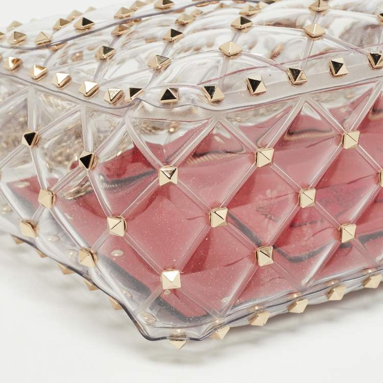 Pre Owned Valentino Clear/Red PVC Medium Rockstud Spike Top Handle Bag
