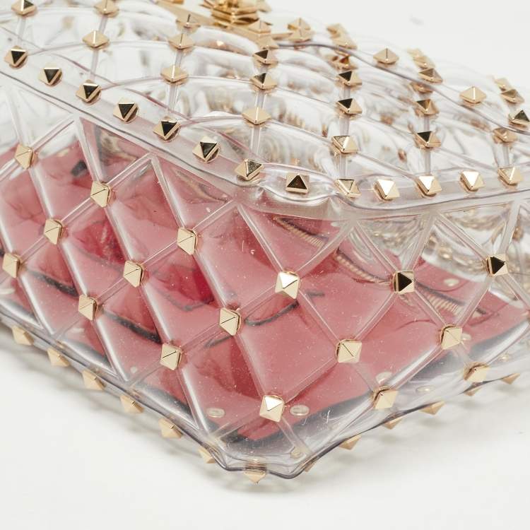 Pre Owned Valentino Clear/Red PVC Medium Rockstud Spike Top Handle Bag