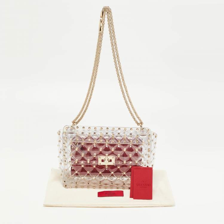 Pre Owned Valentino Clear/Red PVC Medium Rockstud Spike Top Handle Bag