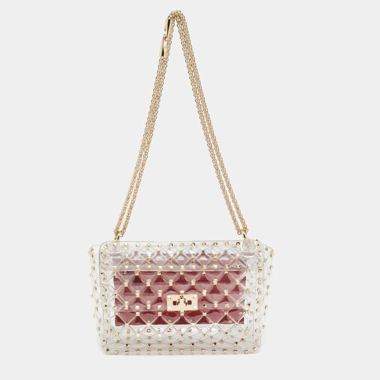 Pre Owned Valentino Clear/Red PVC Medium Rockstud Spike Top Handle Bag