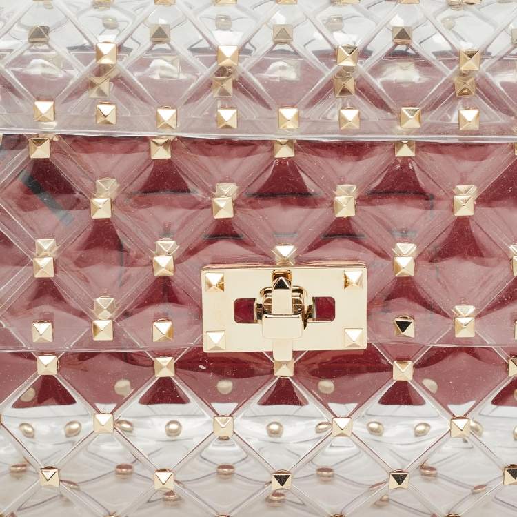 Pre Owned Valentino Clear/Red PVC Medium Rockstud Spike Top Handle Bag