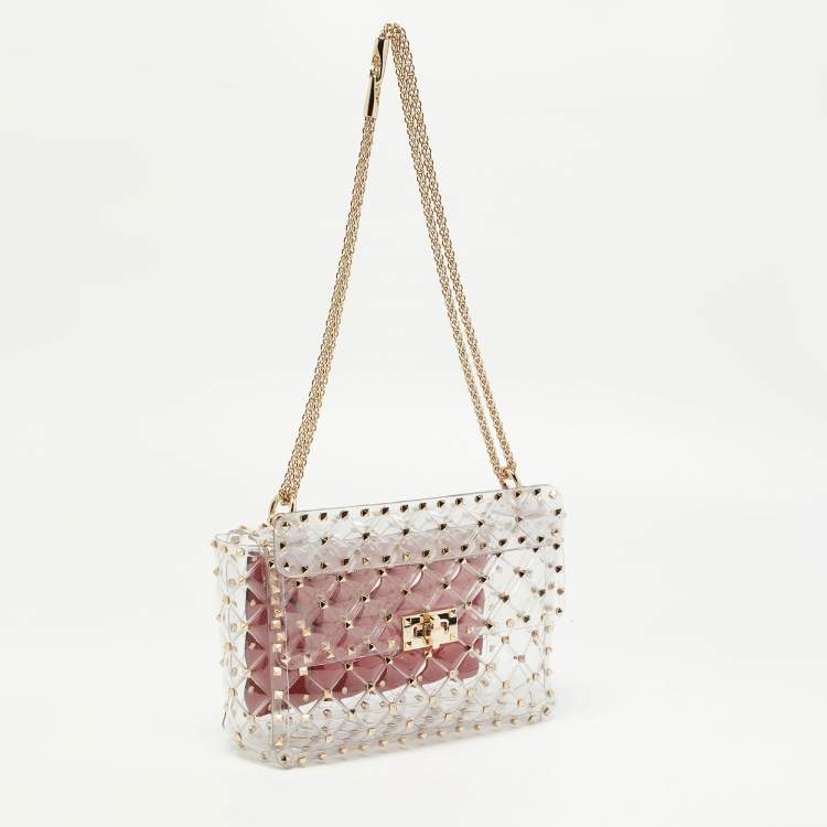 Pre Owned Valentino Clear/Red PVC Medium Rockstud Spike Top Handle Bag