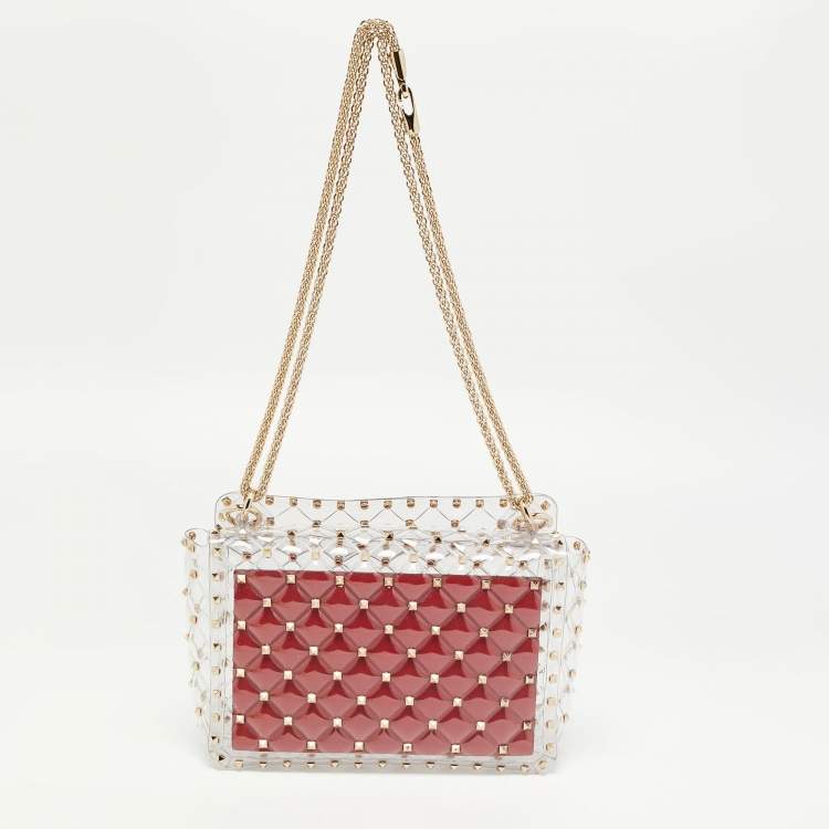 Pre Owned Valentino Clear/Red PVC Medium Rockstud Spike Top Handle Bag