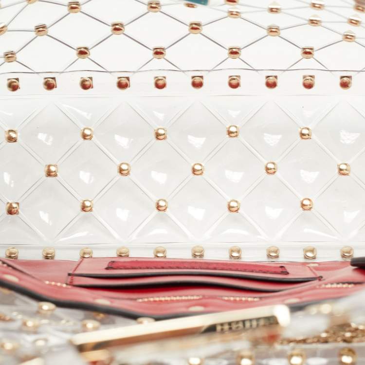 Pre Owned Valentino Clear/Red PVC Medium Rockstud Spike Top Handle Bag