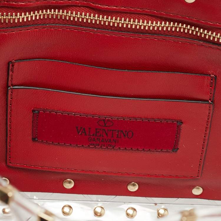Pre Owned Valentino Clear/Red PVC Medium Rockstud Spike Top Handle Bag