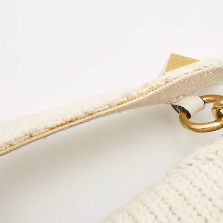 Pre Owned Valentino Off White Knitted Fabric Large Roman Stud Chain Bag