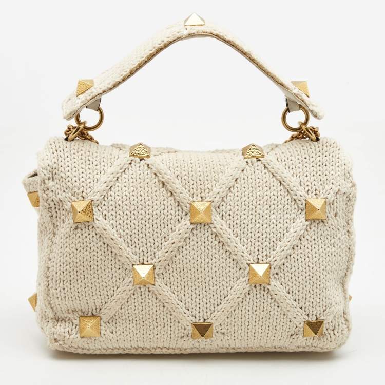 Pre Owned Valentino Off White Knitted Fabric Large Roman Stud Chain Bag